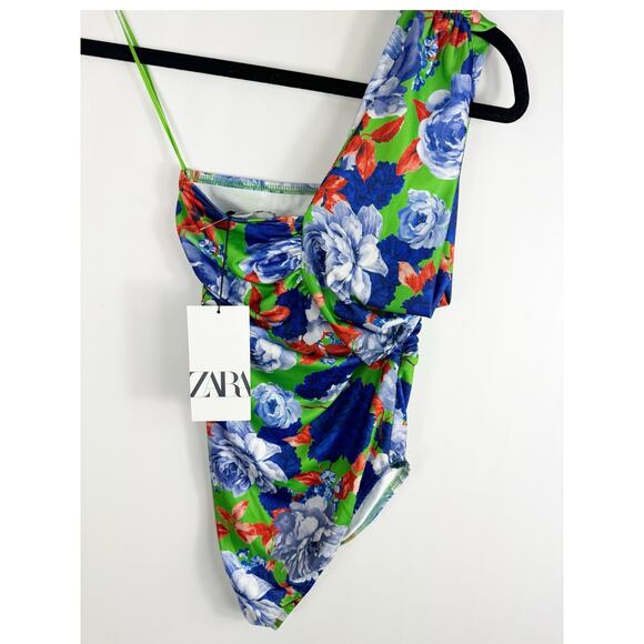 Zara Womens One Shoulder Bodysuit Green Blue Multicolor Flowers Small - Picture 7 of 7
